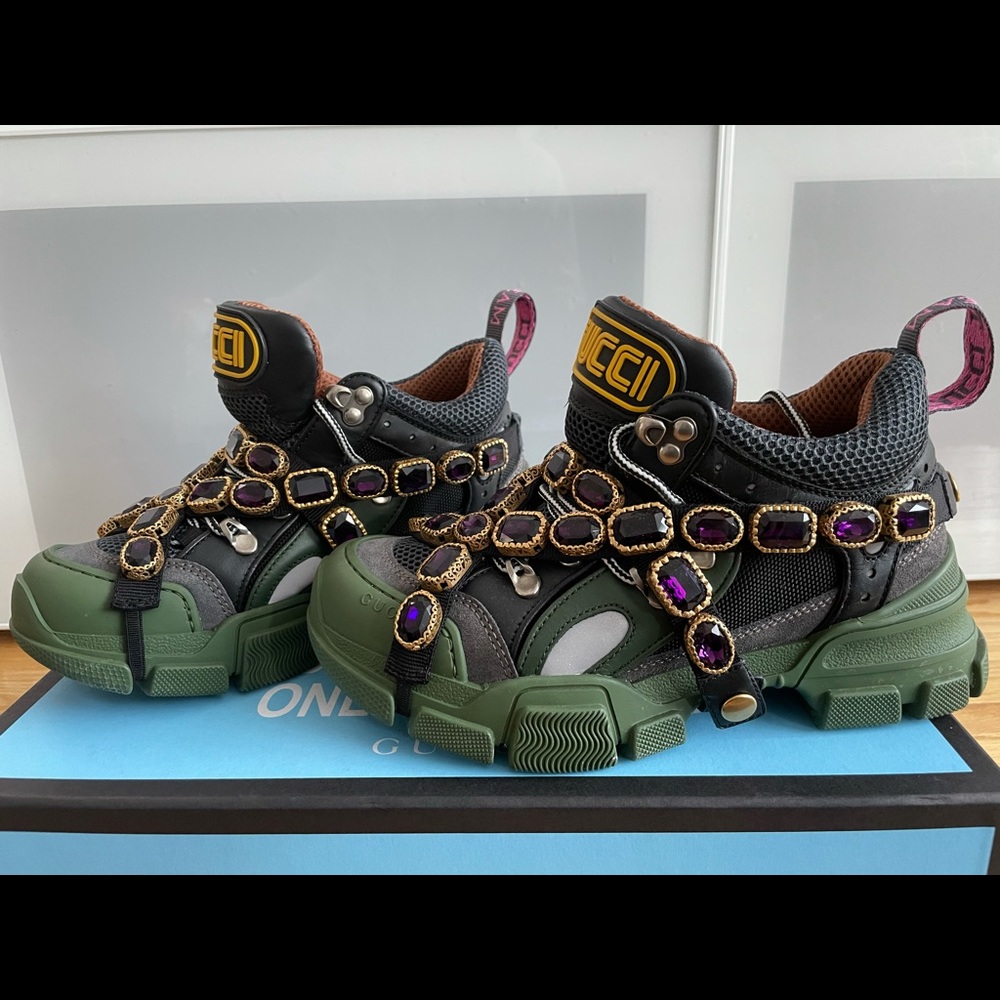 GUCCI FLASHTREK GREEN, REMOVABLE CRYSTALS SIZE 36 - Picture 1 of 5